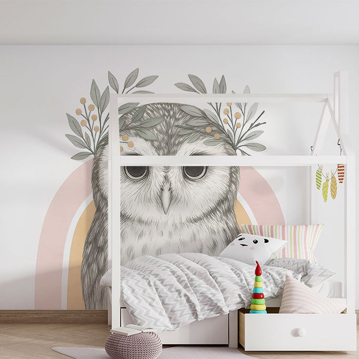 Mural Wallpaper owl | Delicate owl surrounded by plants in soft colors