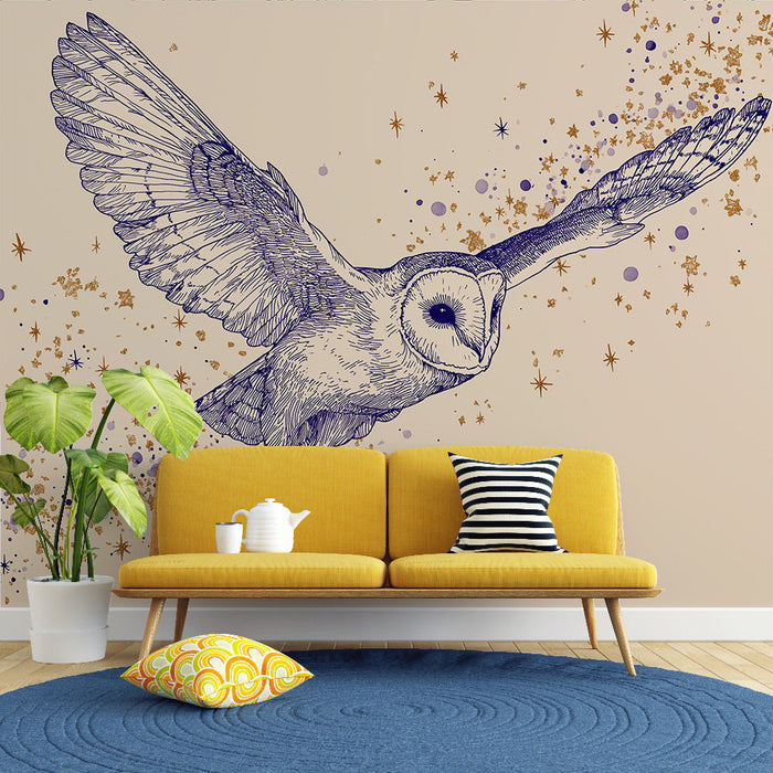 Fototapet ugle | Ugle i full flyvning med stjerner og gylne utbrudd