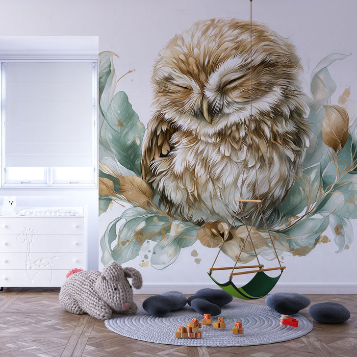 Tapet mural bufniță | Bufniță adormită înconjurată de frunze delicate