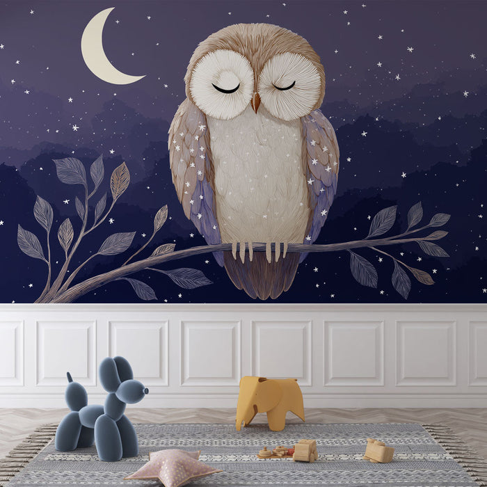 Tapetti hibou | Hibou paisible sur une branche sous un ciel étoilé