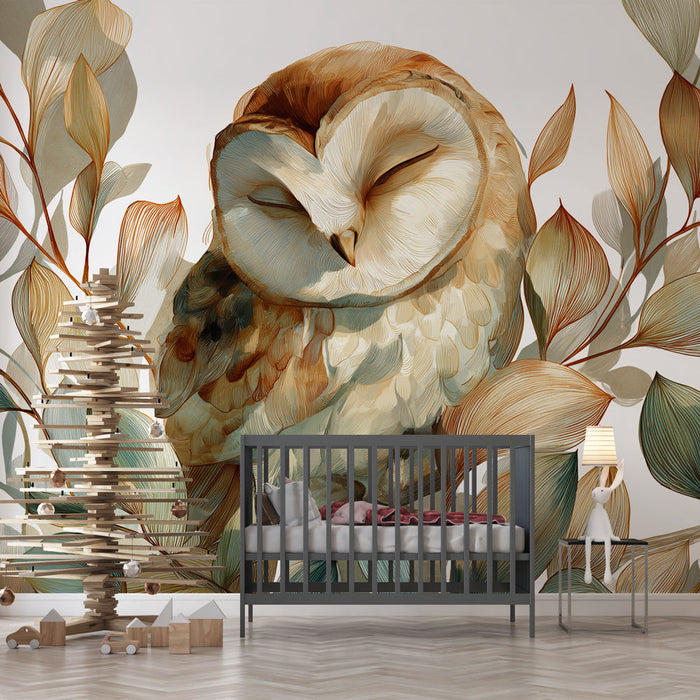 Tapeta soví | Stylizovaná sova obklopená jemnými listy