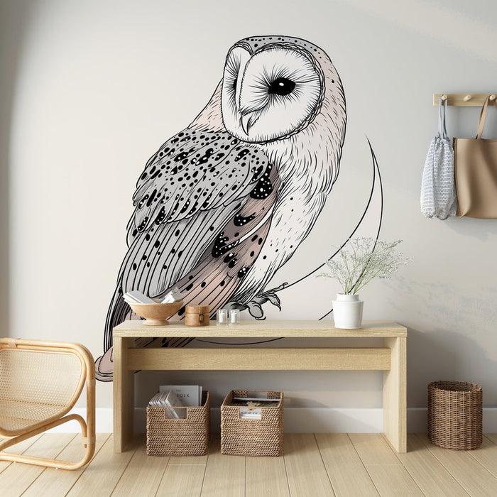 Tapet mural hibou | Ilustrație delicată a unui bufniță așezată pe o semilună