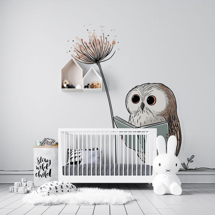 Tapetti pöllö lukija | Ihastuttava pöllö lukee herkän kukkasen alla