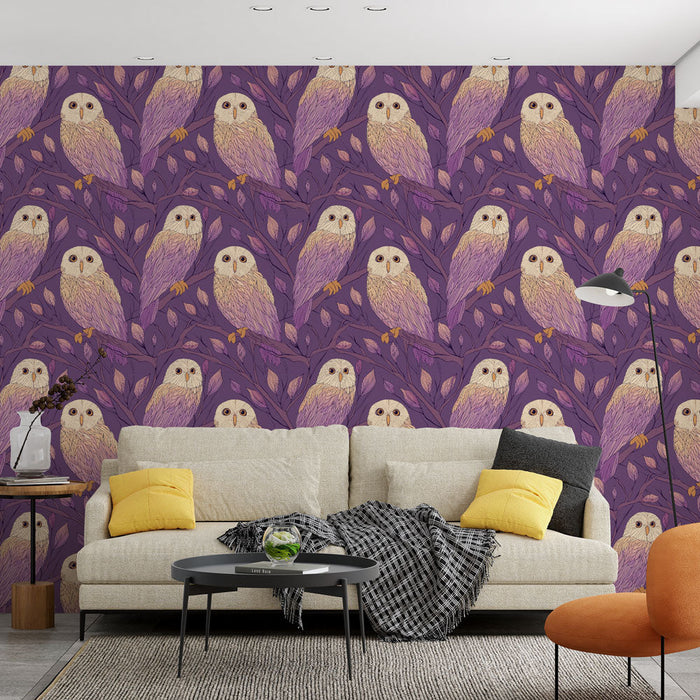 Papel pintado hiboux | Hiboux delicados sobre fondo violeta con follaje