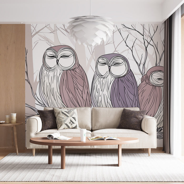 Tapeta z sowami | Eleganckie sowy siedzące na gałęzi w łagodnym lesie