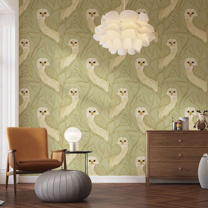 Tapet cu bufnițe | Modelul bufnițelor pe ramuri delicate