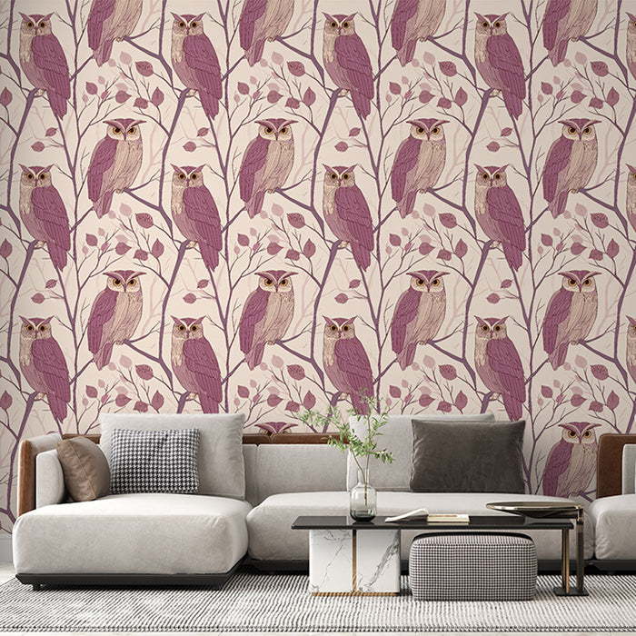 Tapeta sov | Elegantní motiv sov na větvích v jemných odstínech