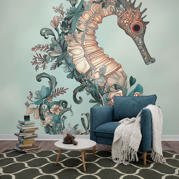 Tapet cal de mare | Design floral și acvatic în culori pastelate