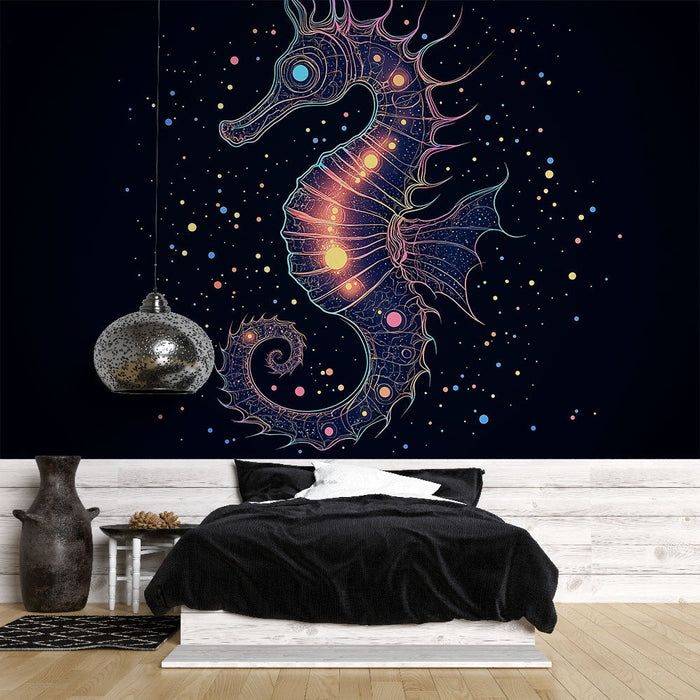 Falfestmény tengericsikó | Színes rajz egy élénk tengericsikóról fekete háttéren