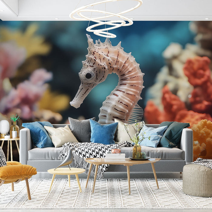 Tapeta morski konjic | Elegantni morski konjic s šarenim koraljima u pozadini