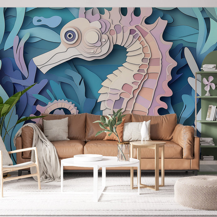 Falfestmény tapéta tengeri csikó | Stilizált tengeri csikó színes algák között