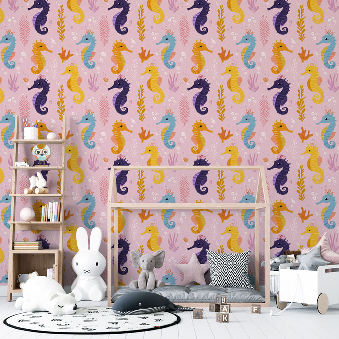 Tapete kornjača | Igriv motiv šarenih konja morskih na ružičastoj pozadini