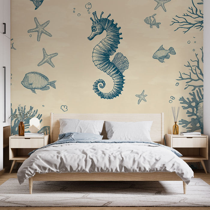 Tapet søhest | Marine mønster med søheste, fisk og koraller