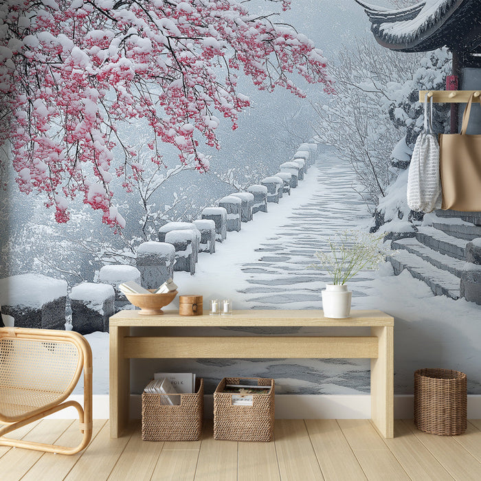 Papel de parede inverno | Caminho nevado sob uma árvore florida rosa