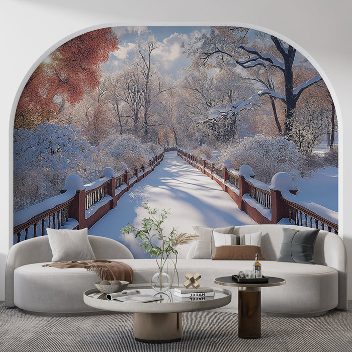 Fotótapéta tél | Hó borította ösvény az őszi lombú fák alatt