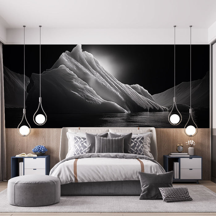 Papel de parede monocromático iceberg | Um majestoso iceberg luminoso em um cenário escuro