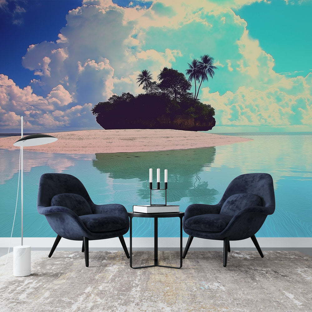 Papel de parede ilha paradisíaca | Cena de praia com céu azul e nuvens —  WonderMural, image size:1000x1000