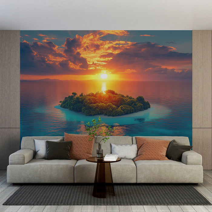Tapet insulă tropicală | Apus vibrant peste o insulă liniștită înconjurată de apă limpede ca cristalul