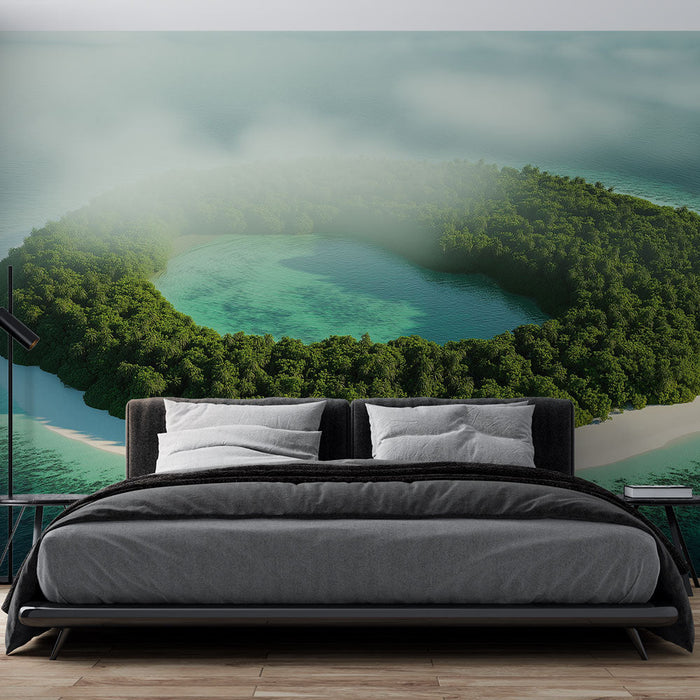 Tapeta tropikalna wyspa | Soczyście zielona okrągła wyspa otoczona turkusowymi wodami