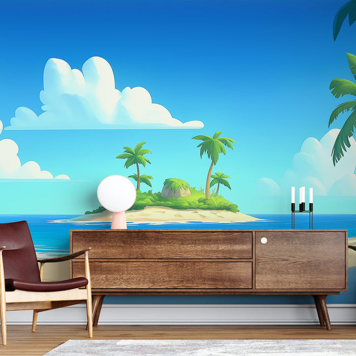 Tapeta tropický ostrov | Jemná písečná pláž a palmy pod modrou oblohou