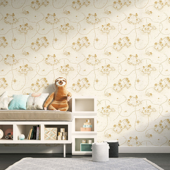 Carta da parati isole deserte | Motivo delicato di isole e palme su sfondo crema