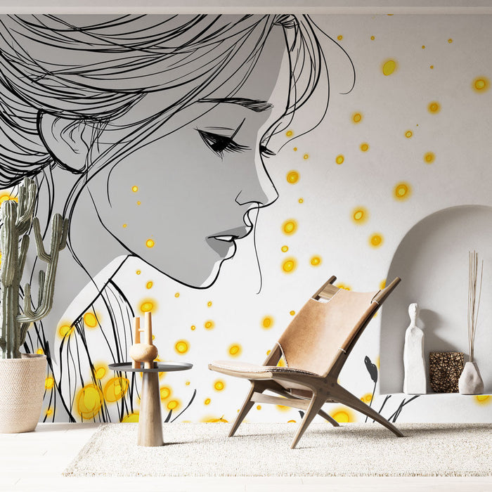 Tapet mural ilustrat artistic | Portret delicat al unei femei înconjurată de bule aurii