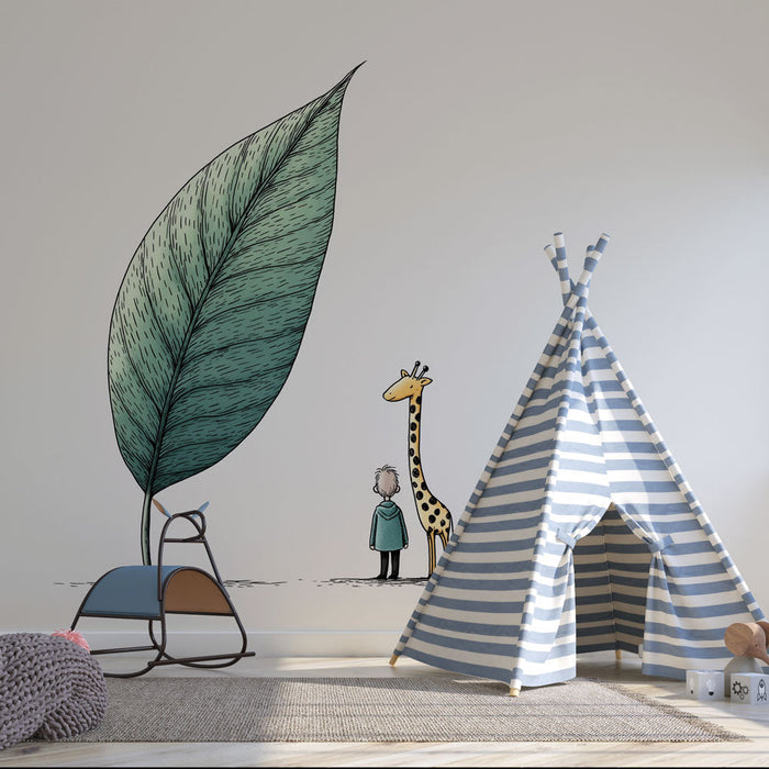 Tapete με παιδική εικονογράφηση | Ένα παιδί και μια καμηλοπάρδαλη θαυμάζουν ένα μεγάλο φύλλο