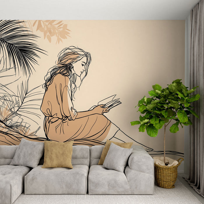 Tapete илюстрация на стена жена четене | Деликатна силует на жена погълната от книга
