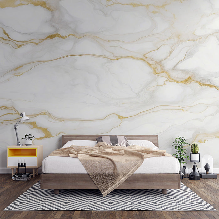 White Marble Effect Mural Wallpaper | Golden Veins