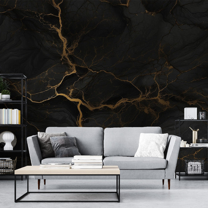 Black Marble Effect Mural Wallpaper | Golden Veins