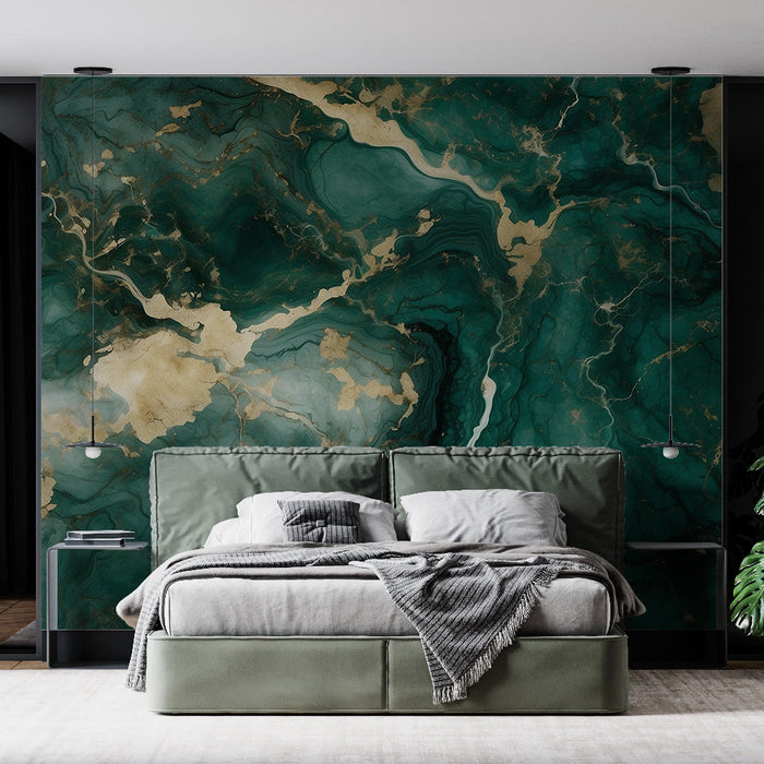 Green Marble Effect Mural Wallpaper | Golden Veins