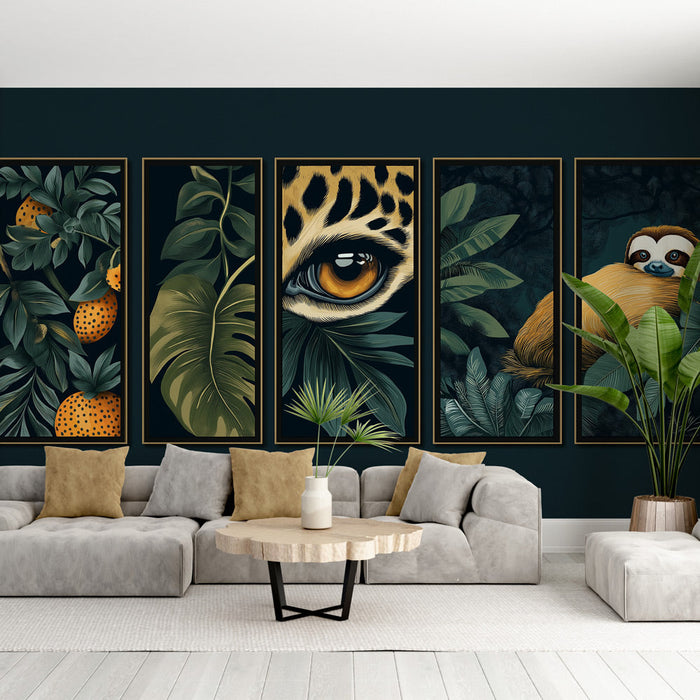 Papel pintado imitación pintura | Animales exóticos y follaje sobre fondo oscuro