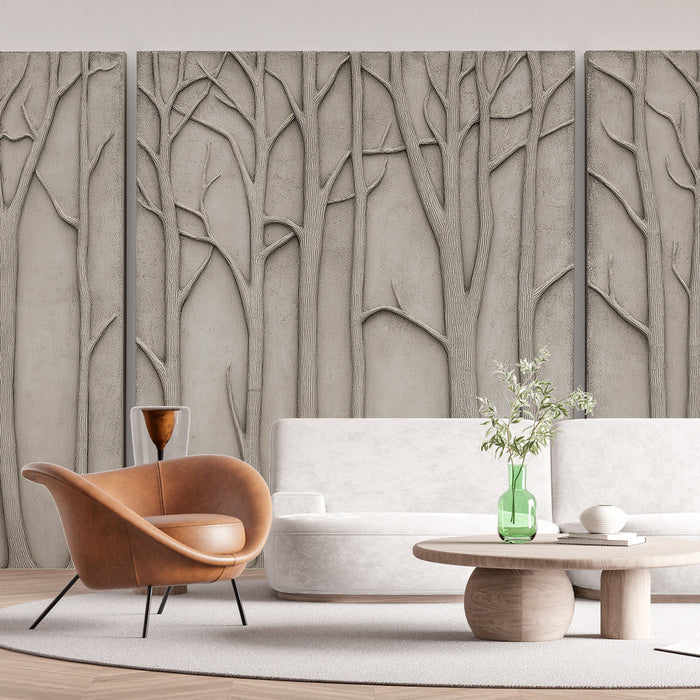 Fototapet efterligning af maleri | Stiliserede træer i relief på grå baggrund
