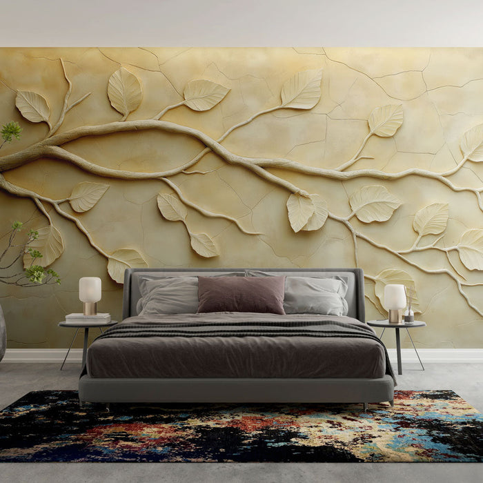 Tapetti jäljitelmämaalaus | Herkät oksat ja kohokuvioitu lehvistö beigeällä taustalla
