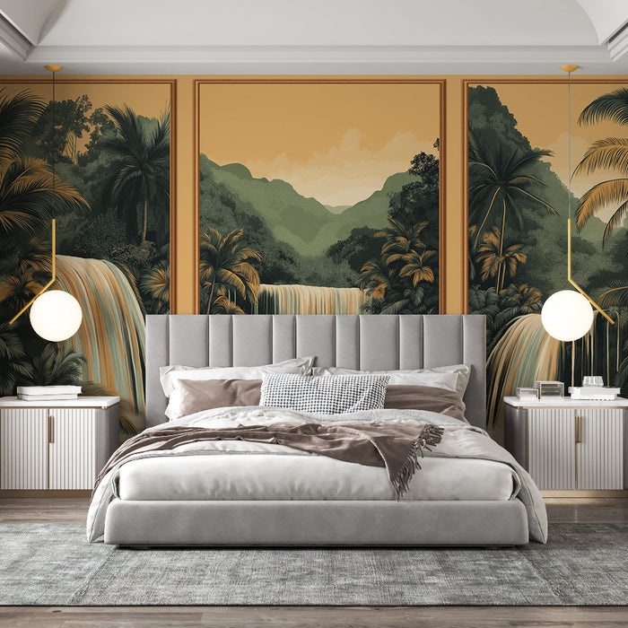 Ταπετσαρία απομίμησης ζωγραφικής | Πλούσιοι καταρράκτες και τροπικοί φοίνικες σε χρυσό φόντο