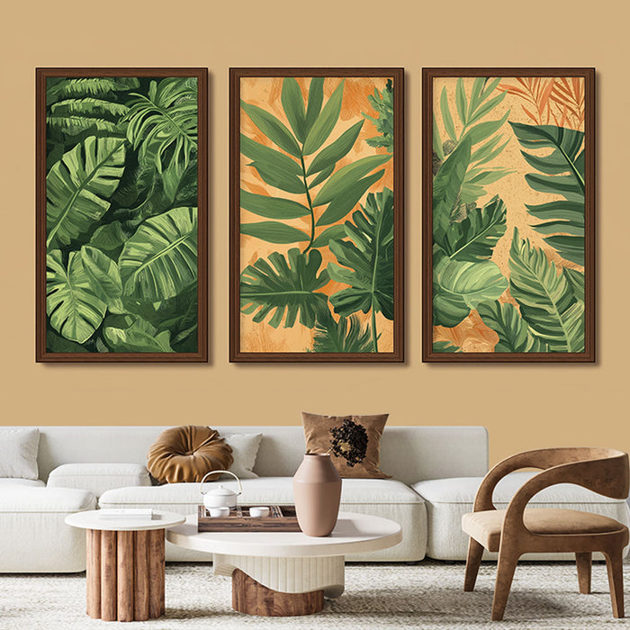 Имитация на тапет за стена | Луксозен дизайн на зелени листа на топъл фон