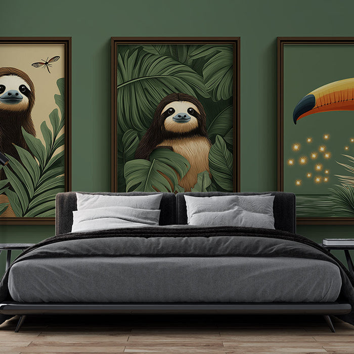 Tapete imitation painting | Zwei lächelnde Faultiere und ein bunter Tukan