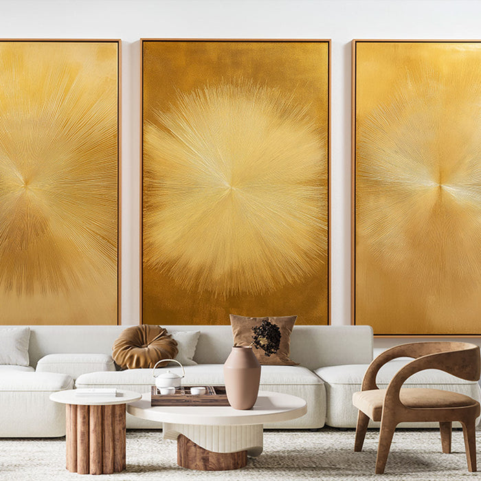 Tapete Imitation Goldmalerei | Goldene Lichtexplosionen in drei Paneelen