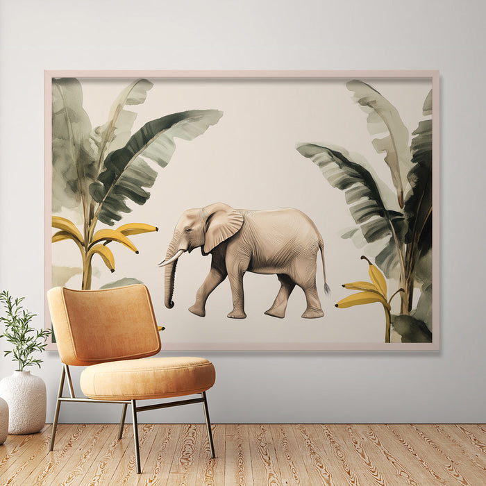 Mural Wallpaper imitation painting | Elegant elephant in a setting of leaves and banana trees