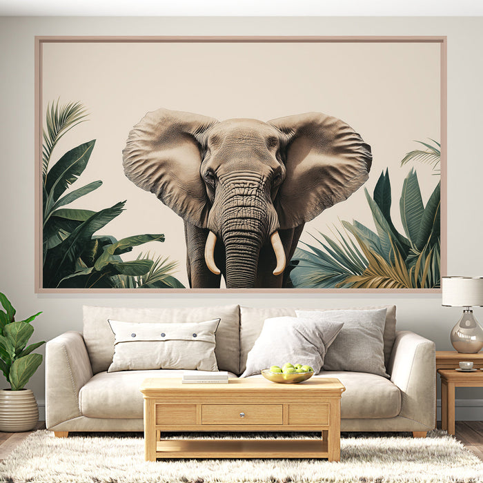 Falfestmény utánzat festmény | Elegáns elefánt portré trópusi lombozattal körülvéve