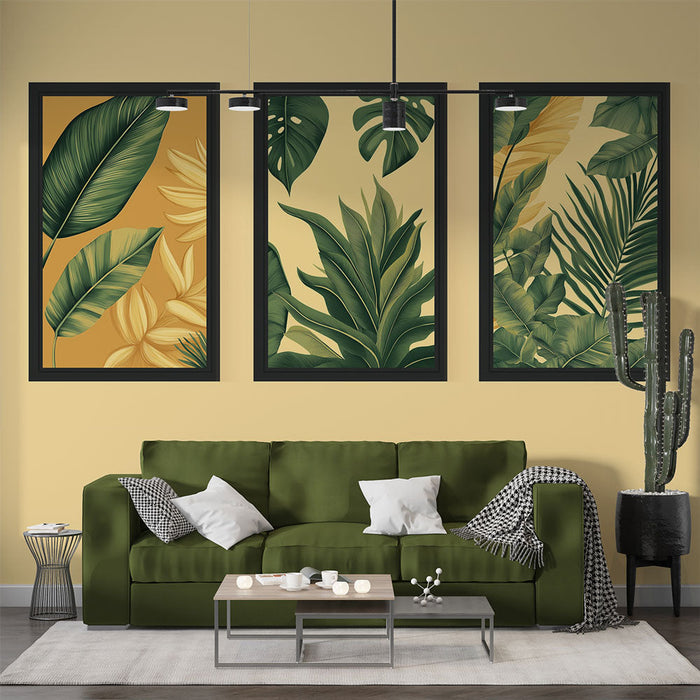 Carta da parati imitazione pittura | Eleganti motivi di foglie tropicali su uno sfondo caldo