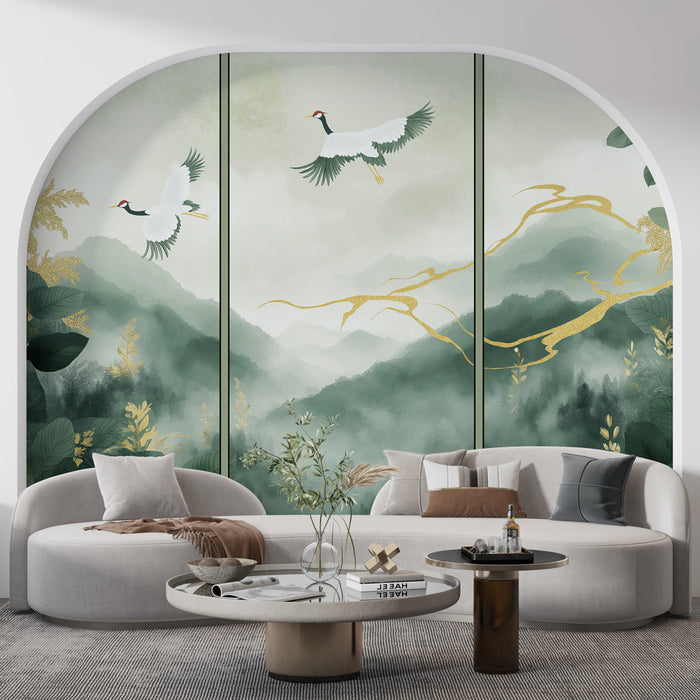 Fototapet taklidi tablo | Kranlar ve gizemli dağlarla hassas bir uyum içinde doğal elementler