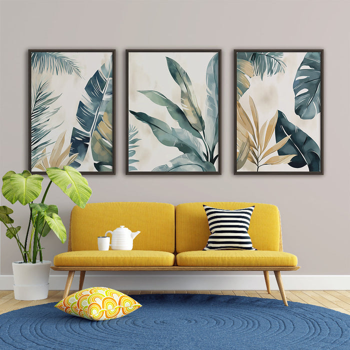 Imitație de tapet mural pictură | Set de frunze verzi și aurii pe un fundal deschis