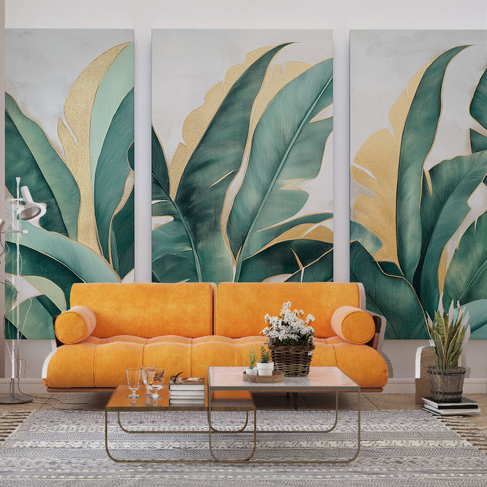 Tapete με απομίμηση πίνακα | Tροπικά φύλλα με χρυσές λεπτομέρειες