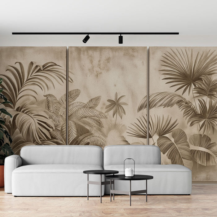 Tapet imitație tablou tropical | Frunziș tropical în nuanțe de bej