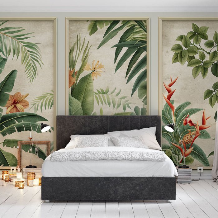 Fototapeet jäljendab maali | Rohked troopilised lehed koos lilleelementidega