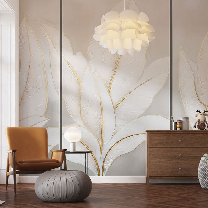 Mural Wallpaper imitation painting | White leaves with golden outlines on a soft background