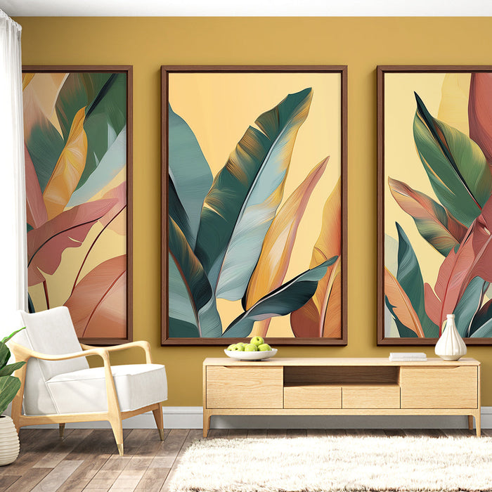 Имитация на стенопис тапет | Цветни листа на бледожълт фон