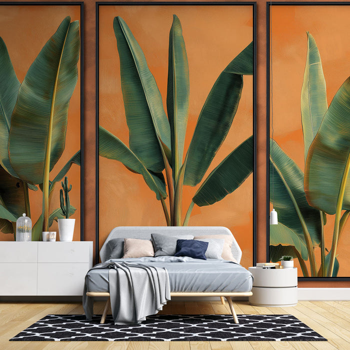 Mural Wallpaper imitation painting | Banana leaves on bright orange background