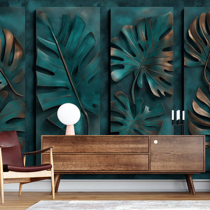 Fototapet efterligning af maleri | Monstera blade i bronze relief på en turkis baggrund